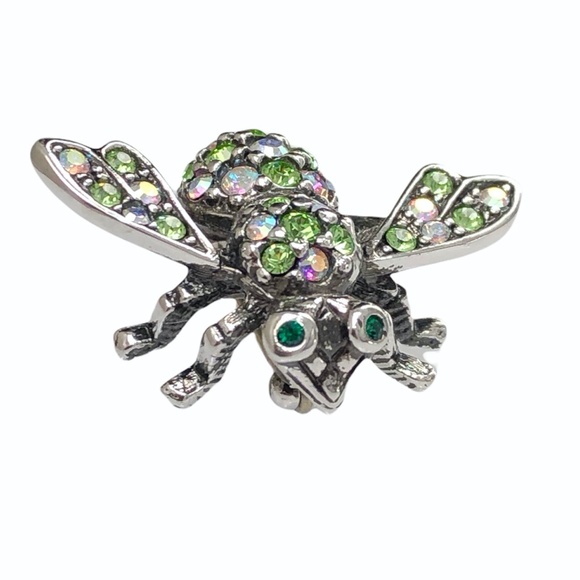 JOAN RIVERS CLEAR AURORA BOREALIS & GREEN CRYSTALS SILVER TONE BUMBLEBEE BROOCH - Picture 2 of 16